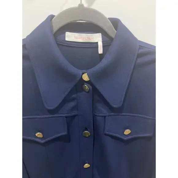 See by Chloé Blue Collared Button Front Shirt Dress Sz S
